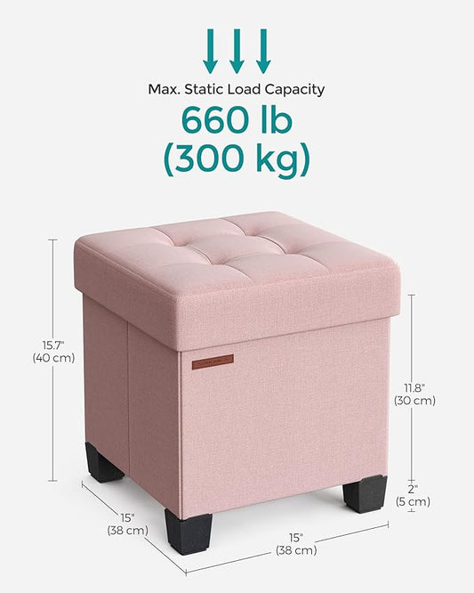 SONGMICS Storage Ottoman, Small Ottoman Foot Rest with Legs, 15 x 15 x 15.7 Inches Foot Stool, Load up to 660 lb, for Living Room, Bedroom, Dorm, Jelly Pink ULSF014P01