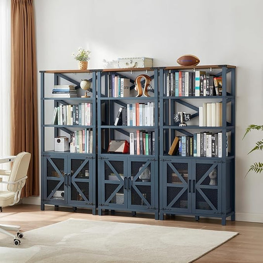 5 Tier Bookshelf 70" Tall Bookcase with Barn Doors,Large Farmhouse Display Book Shelf with Adjustable Shelves and Storage Cabinet,Library Wood Bookshelves for Living Room,Kitchen,Blue(3PCS)