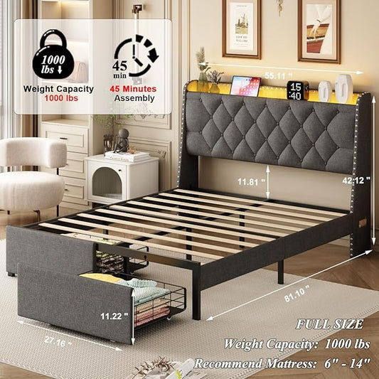 Full Size Bed Frames with Storage Headboard and 2 Drawers, Upholstered Button Linen Platform Bed Frame Full with Led Lights and Charging Station, No Box Spring Needed, Easy Assembly, Noise Free, Gray