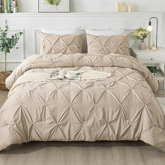 Andency Khaki Pinch Pleat Comforter Twin(66x90Inch), 2 Pieces(1 Pintuck Comforter, 1 Pillowcase) Pintuck Comforter Set, Microfiber All Season Down Alternative Comforter Bedding Set