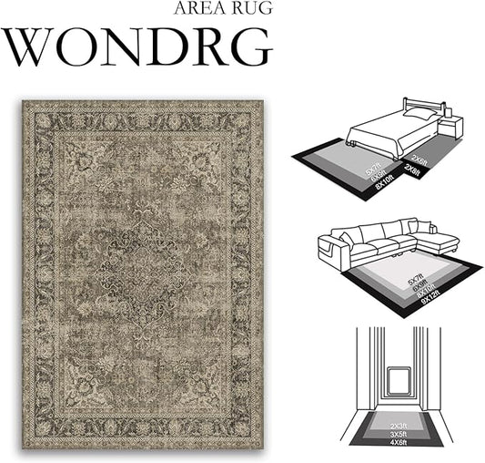 8x10 Washable Brown Area Rug Vintage Living Room Bedroom Carpet Non-Slip Soft Low Pile Distressed Indoor Large Throw Rug for Dining Room Office