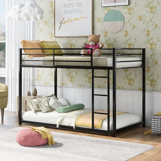 Twin Over Twin Bunk Bed, Low Bunk Bed with Ladder, Metal Bunk Bed with Guardrails, Heavy Duty Metal Bunk Bed Frame for Kids, Boys, Girls, Teens, Noisy Free, No Box Spring Needed, Black