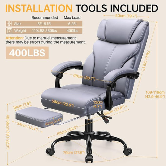 Office Chair, Executive Big and Tall Leather Desk Chairs with Footrest, Ergonomic Breathable Computer Chair with Adjustable High Back, Lumbar Support Swivel PC Chairs with Rocking Function