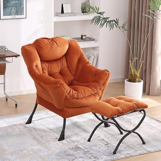 Lazy Chair with Folding Ottoman, Modern Accent Lounge Armchair with Armrests, a Side Pocket & Foldable Footstool, Leisure Reading Chair for Living Room, Bedroom, Dorm & Office, Velvet Orange