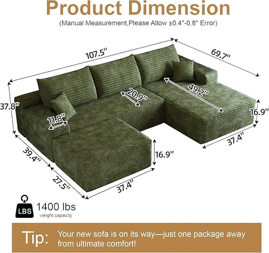 108" Sectional Couches for Living Room Modern Modular Sofa with L-Shape Couchs Upholstered Boneless Couch Deep Seat Sectional Couch with Chaise (Green, Right Facing Chaise+2Seaters+1Ottoman)