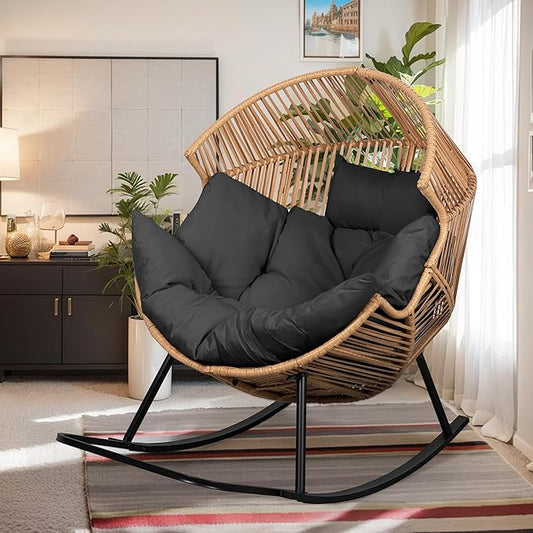 Vongrasig Comfy Wicker Rocking Egg Chair, Soft Thick Cushion Rattan Lounge Chair, High Capacity Steel Frame, Reading Chair for Living Room, Bedroom, Dorm Rooms (Black)