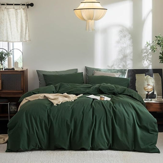 FOSSA Duvet Cove Set 100% Washed Cotton Linen Feel Super Soft Breathable Cozy 3 Pieces Bedding Sets Solid Forest Green Twin