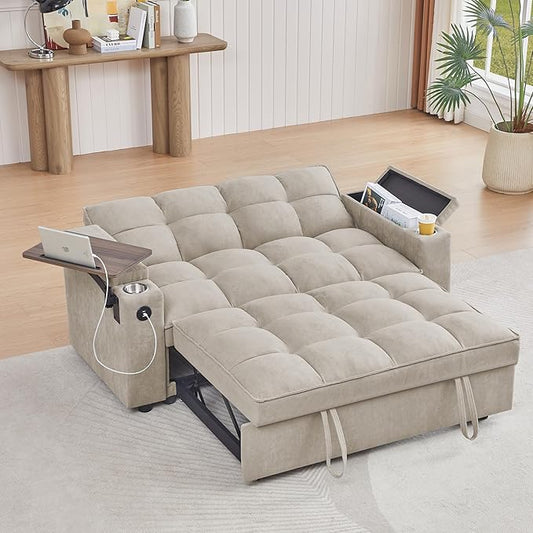 65" Cloud Couch Sleeper Sofa Bed with USB Charging Port & Side Pocket, Chenille Fabric Pull-Out Sofa with Thick Cushions, High Resilience Foam & Pillows for Living Room, Apartment, Small Spaces