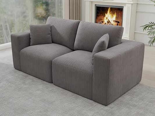 Modular Loveseat Couch Cloud Couches for Living Room - 79" Boneless Sofa - No Assembly Required, Cozy Corduroy Convertible Full Sponge Compression Sofas for House, Apartment(Grey)