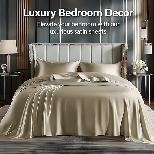BEDELITE King Size Sheets Set, Luxury Soft Taupe Satin Sheets for Hair and Skin, Similar to Silk Bed Sheets Set 4 Pieces with 1 Deep Pocket Fitted Sheet, 1 Flat Sheet, and 2 Pillowcases