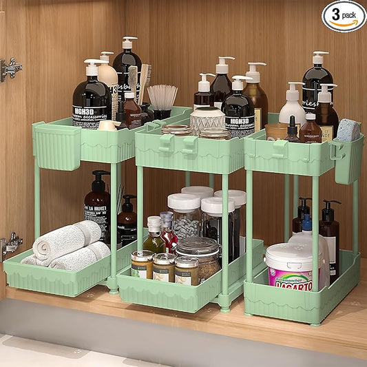 3 Pack Under Sink Organizers, 2-Tier Multi-Use Kitchen and Bathroom Organizers and Storage with Sliding Drawers,Bathroom Cabinet Organizer (Green, 12.8 Inch)