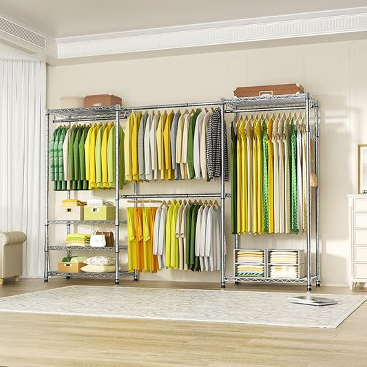 Ulif E1 Heavy Duty Closet Garment Rack, 6 Tiers Adjustable Metal Freestanding Expandable Clothing Storage with 4 Hanger Rods, Easy to Assemble Wardrobe, 71.4" H x (70" - 88.2") L x 14" D, Chrome