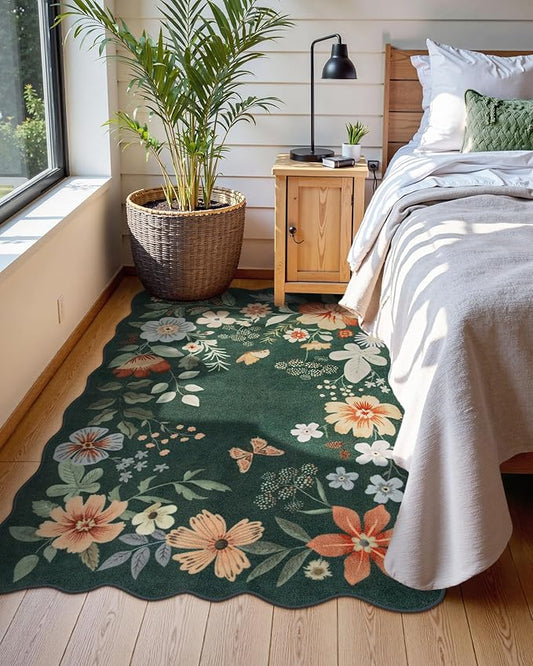 Lahome Floral Machine Washable Rug, 3x5 Rug Non Slip Soft Bedroom Rugs for Entryway Dorm, Ultra-Thin Boho Rugs for Living Room Stain Resistan Throw Carpet for Nursery Entrance, Dark Green