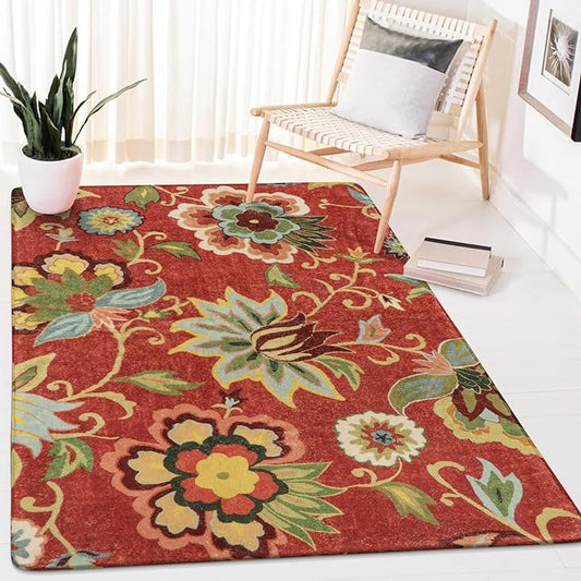 Lahome Floral Red 3x5 Area Rug, Washable Kitchen Fall Rugs Non-Slip Stain Resistant Soft Throw Low-Pile Carpet for Bedroom, Christmas Paisley Print Floor Carpet for Living Room Entryway Office