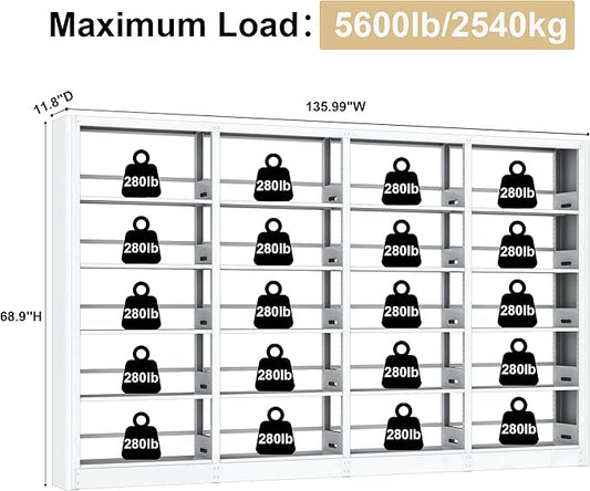 Industrial 5-Tier White Metal Bookshelf - Tall Freestanding Organizer for Living Room, Bedroom & Home Office