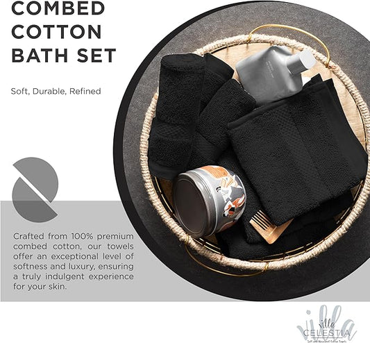 100% Cotton Bath Towel Set of 18-4 Bath Towels, 6 Hand Towels, 8 Wash Cloths, Sustainable, Soft, Highly Absorbent, Combed Cotton 18 Piece Set for Hotels, Spa, Bathroom, Dorm, Black