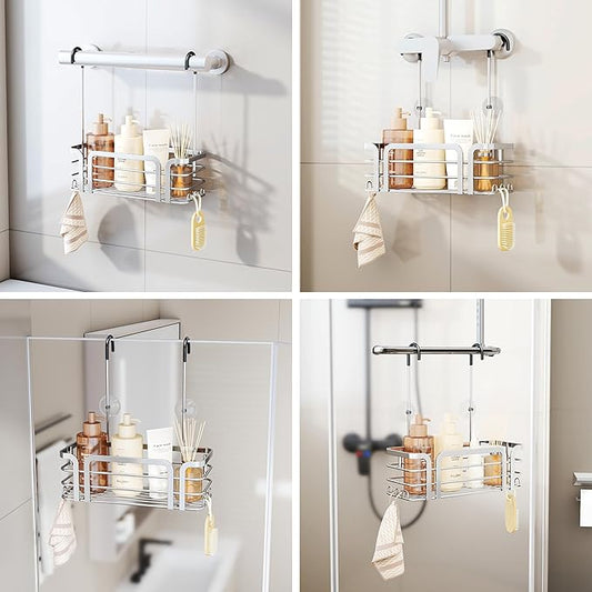 SWTYMIKI Shower Caddy Hanging Organizer - Over the Door Shower Caddy with 6 Hooks, 2 Installation Ways, Stainless Steel Rustproof Bathroom Organizer, Silver