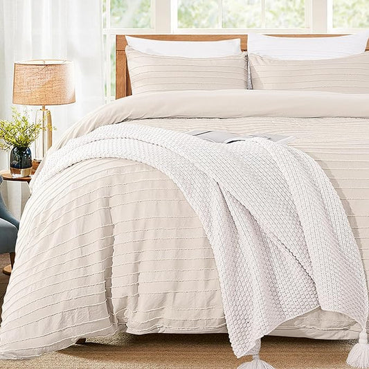 NEXHOME PRO Duvet Cover King Size, Light Khaki 3 Pieces Boho Tufted Duvet Cover Set, Soft and Lightweight Microfiber Comforter Cover Set for All Season (Light Khaki King, 104 x 90)-No Comforter