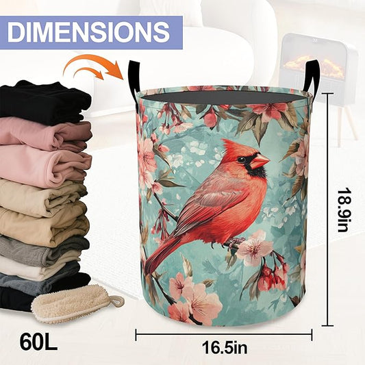 Vintage Cardinal Bird Laundry Basket, Flowers Oxford Cloth Laundry Hamper With Handle Foldable Portable Clothes Storage Basket Storage Bag For Laundry Room/Bathroom/Bedroom/Dormitories