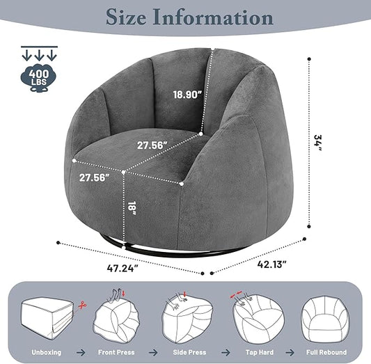 Swivel Giant Bean Bag Chair for Adults - Comfy Plush Round Shell Soft Accent Beanbag Chair, Oversized Cozy Floor Sofa Reading Chair for Living Room, Bedroom & Game Rooms, Gray