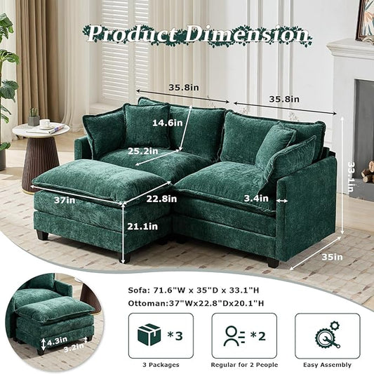 SoarFlash Chenille 77.95" Sectional Sofa, Comfy L Shaped Modular Coush Sofa with Ottoman, Modern 2 Seat Couch Deep Seat Sofa Set for Living Room,Green