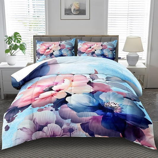 Pink Floral Comforter Set Queen Size Girls Blue Flower Comforter Comen Western Boho Bedding Set Queen Blue Floral Bedding Boho Bedroom Decor Teen Girls