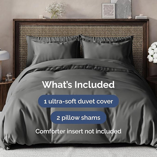 Duvet Cover King Size Set - Extra Soft King Size Duvet Cover 104 x 90 with 2 Pillow Shams - Hotel Luxury, Easy Care and Fade Free w/Zipper Closures & Ties - Comfy Breathable Bedding Set (Charcoal)