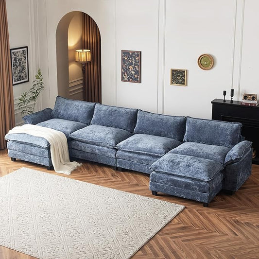 VINGLI 157" Cloud Navy Blue Convertible Sectional Sofa, Comfy U-Shape Extra Deep Seat Sofa Couch for Living Room,Modern Chenille 4-Seat Convertible Sofa with 2 Movable Ottomans for Small Space