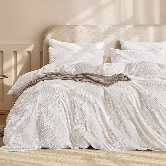 JELLYMONI Duvet Cover Full Size White - 3PCS Boho Duvet Cover Set Plaid Polyester Tufted Bohemian Jacquard Knit Textured Comforter Cover 80×90in Rhombic Geometric Pattern Corner Ties & Zipper