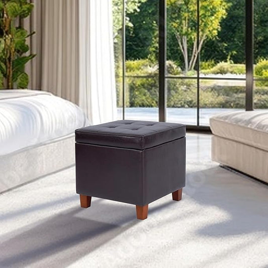 HomePop Leatherette Tufted Square Storage Ottoman with Hinged Lid, Brown Small