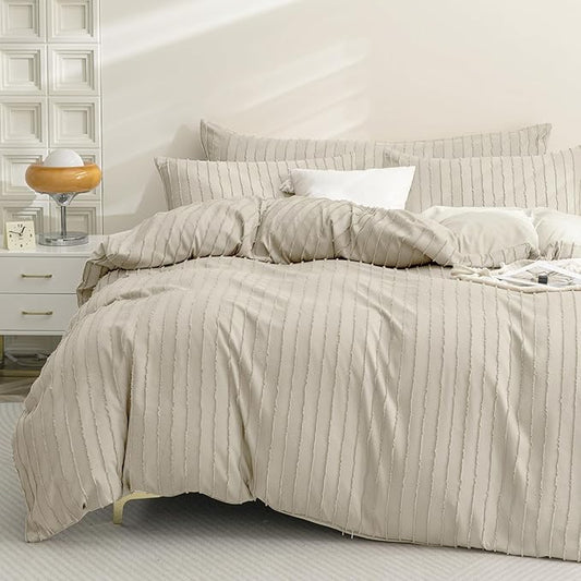 JELLYMONI Duvet Cover Full Size Light Khaki - 3PCS Boho Striped Duvet Cover Set Polyester Tufted Bohemian Textured Comforter Cover with Corner Ties & Zipper Closure