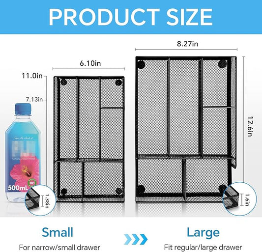 Desk Drawer Organizer, Office Drawer Divider Organizer Tray with 6 Compartments, Metal Mesh Desktop Organization and Accessories for Stationery Makeup Kitchen Toolroom School &Office, 12.6x8.27x1.6 in