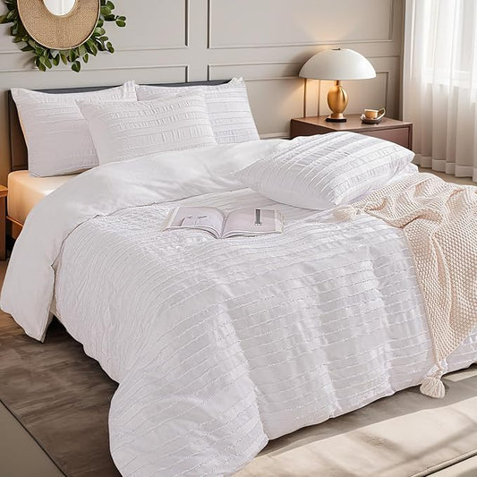 NEXHOME PRO California King Duvet Cover, White 3 Pieces Boho Tufted Duvet Cover Set, Soft and Lightweight Microfiber Comforter Cover Set for All Season (White Cal King, 104 x 98)-No Comforter