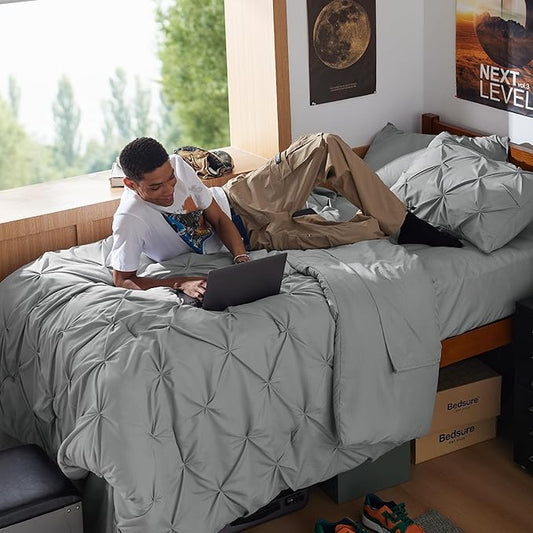 Bedsure Twin XL Comforter Set - Extra Long 5 Pieces Dorm Bedding Sets, GentleSoft™ Pinch Pleat Grey Bed in a Bag with Pintuck Comforter, Sheets, Pillowcase & Sham