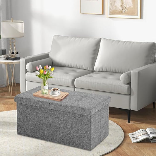 CAROLMADE 30 Inches Storage Ottoman Bench with Flipping Lid, Linen Foldable Storage Footrest, Ottoman with Storage for Living Room Holds up to 330lbs, Light Grey