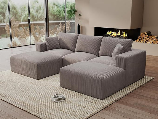 Modular Sectional Sleeper Sofa Couches for Living Room - Modern 110" U-Shaped Boneless Cloud Couch - Easy Assembly, Grey Cozy Corduroy Convertible Full Sponge Compression Sofas for House, Apartment
