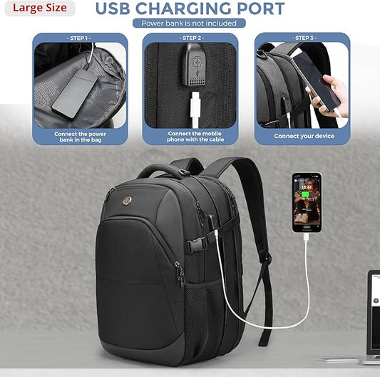 Swissdigital Design Travel Laptop Backpack, 35L Expandable Large College Laptops Backpack with USB Charging Port for Men and Women Fits 17 Inch Notebook, Black | SD1671-01