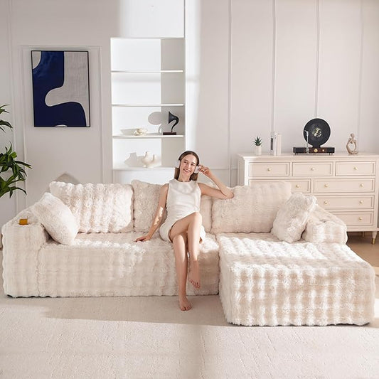 MAXYOYO 104" Modular Sectional Couch with L-Shape Chaise, Modern Boneless Couch for Living Room, Sofa in A Box, Faux Fur Sofa Sleeper with Deep Seat, No Assembly Required, Beige
