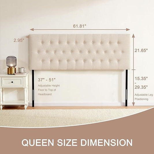 Tufted Upholstered Headboard Queen Size, Solid Wood Head Board with Durable Metal Legs, Adjustable Height Bed headboard from 37” to 51” Fabric Headboard in Modern Button Design, Beige