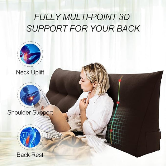 WOWMAX 85% Linen 15% Cotton Blend Headboard Pillow β Full Size Reading Wedge Backrest for Bed, Handmade Firm Support Bolster Cushion with Removable Cover, Premium Bed Rest Pillow, Brown