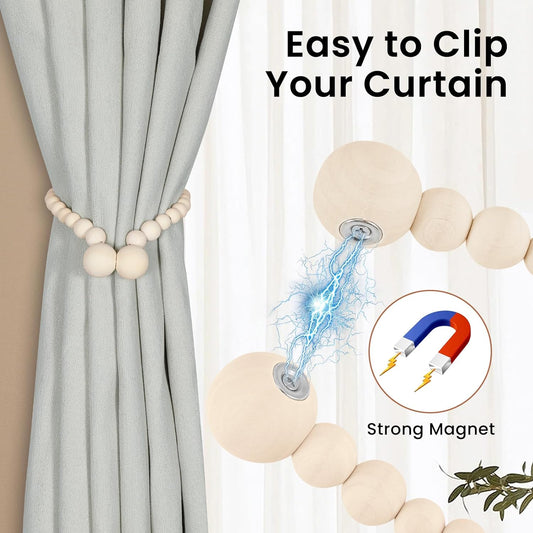 KLOGTSIND Magnetic Curtain Tiebacks, Curtain Tie Backs for Curtains 4 Pack, Wood Bead Curtain Tiebacks, Curtain Holders for Boho Bedroom Decor, Baby Nursery Decor, Farmhouse Decor Dormly
