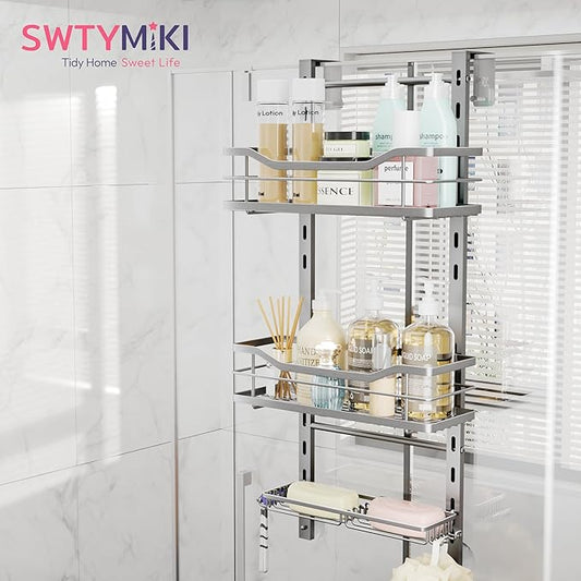 SWTYMIKI Over the Door Shower Caddy - 3 Tier Adjustable Shower Organizer Hanging with Soap Holder, No Drilling Stainless Steel Bathroom Rack Hanging for Body Wash, Shampoo, Soap, Razor, Silver