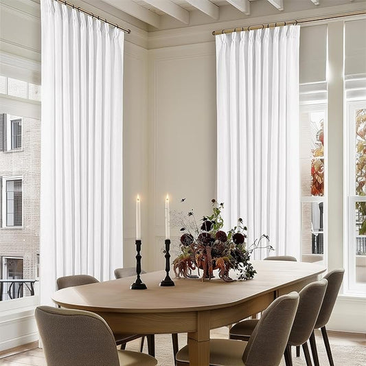 Pleated Linen Curtains 120 Inches Long 60 Inch Width Extra Wide for Living Room Bedroom White Semi Sheer 120 Inch Length Back Tab Hooks Rings Pinch Pleat Curtains for Patio Glass Door 1 Panel