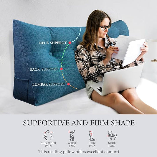 8 lbs Thickened Twin Headboard Pillow Wedge College Dorm Bed Pillow for Backrest Reading Triangular Pillow with Side Pocket for Sitting in Bed, Dorm Bedding Essentials for Girls & Boys Blue