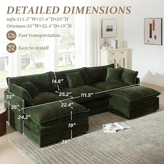 SoarFlash Chenille Sectional Sofa, Comfy L Shaped Modular Coush Sofa with Ottoman, Modern 3 Seat Couch Deep Seat Sofa Set for Living Room,Green