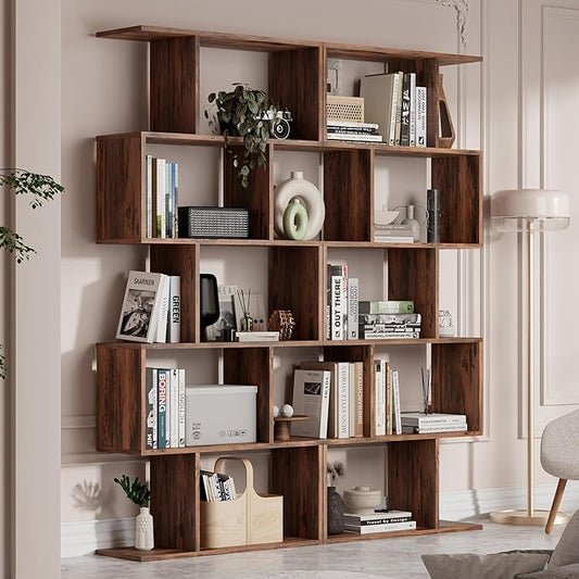 Cozy Castle Set of 2 Geometric Bookcase, S-Shaped Modern Bookshelf, Room Divider Bookshelf, 62" Tall Unique Abstract Bookcase with 5-Tier Display Shelf for Living Room Office, Rustic Brown