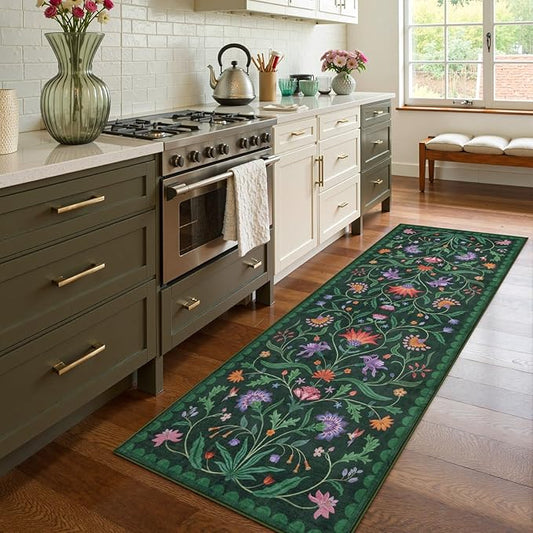 Lahome Boho Floral 2'6"x8' Washable Runners for Hallways, Kitchen Runner Rugs Non Skid Ultra-Thin, Soft Bathroom Rug Throw Carpet Runners for Bedroom Laundry Room (Forest Green,2'6"x8ft)