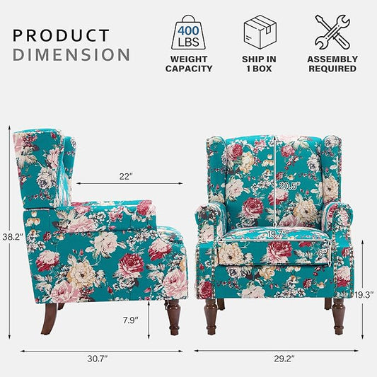 Lumibee High Back Accent Chair Set of 2, Armchair in Fabric,Comfy Upholstered Wingback Single Sofa Reading Chairs with Solid Wood Legs for Living Room,Bedroom,Office-Peacock Blue