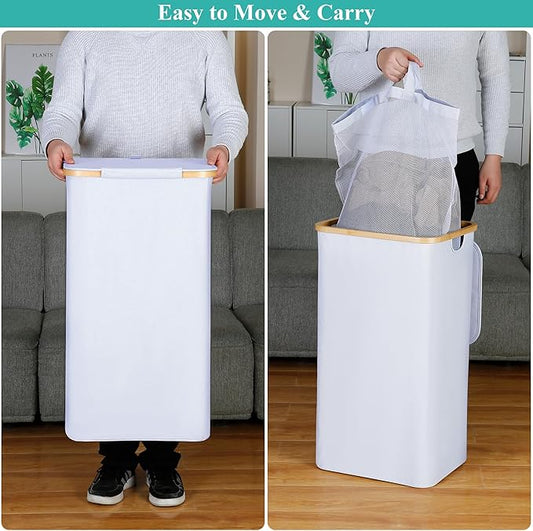 110L Laundry Hamper with Lid,Dirty Clothes Hampers for Laundry,Laundry Basket with Bamboo Handles and Removable Bag,Hamper for Bedroom, Bathroom, Dorm, Laundry Room, White