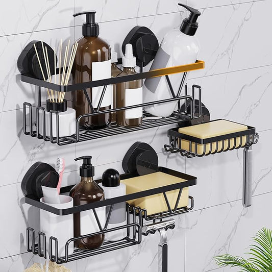 KEGII Shower Caddy Suction Cup, 3 Pack Removable Shower Shelves with Hooks & Soap Holder, No Drilling Bathroom Organizer, Waterproof Suction Storage for Inside Shower, Black